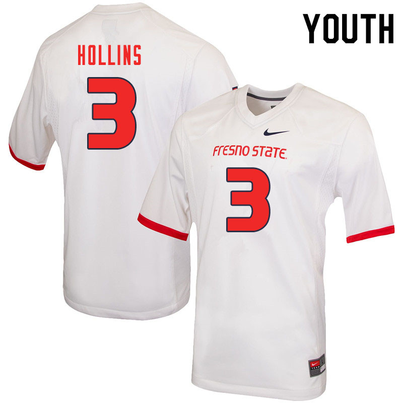 Youth #3 Jacob Hollins Fresno State Bulldogs College Football Jerseys Sale-White